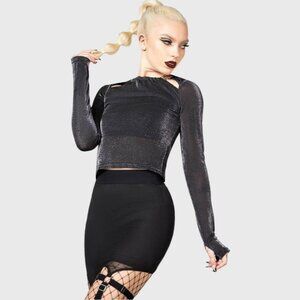 Killstar ✦ Metal Reflection Top ✦ Black Semi Sheer Long Sleeve Cut-Out High Neck